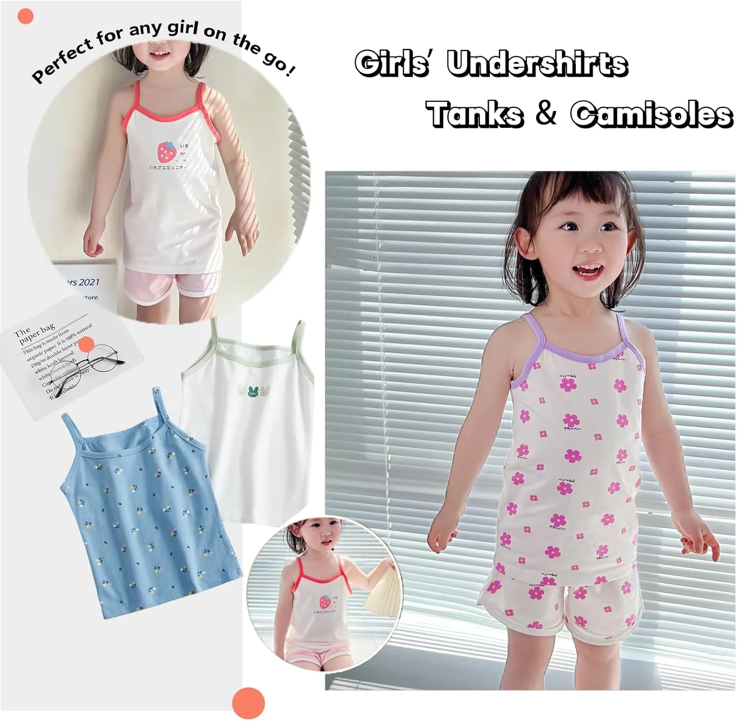 2-10 Years Little Girls Camisole Soft Tagless Cami Kids Breathable Undershirts Cotton Tank Top 5 Pack