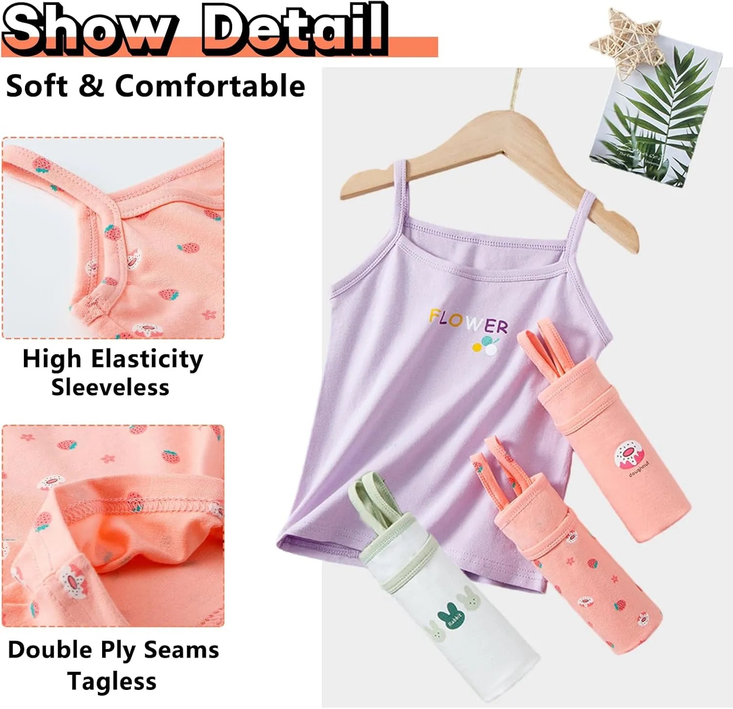2-10 Years Little Girls Camisole Soft Tagless Cami Kids Breathable Undershirts Cotton Tank Top 5 Pack