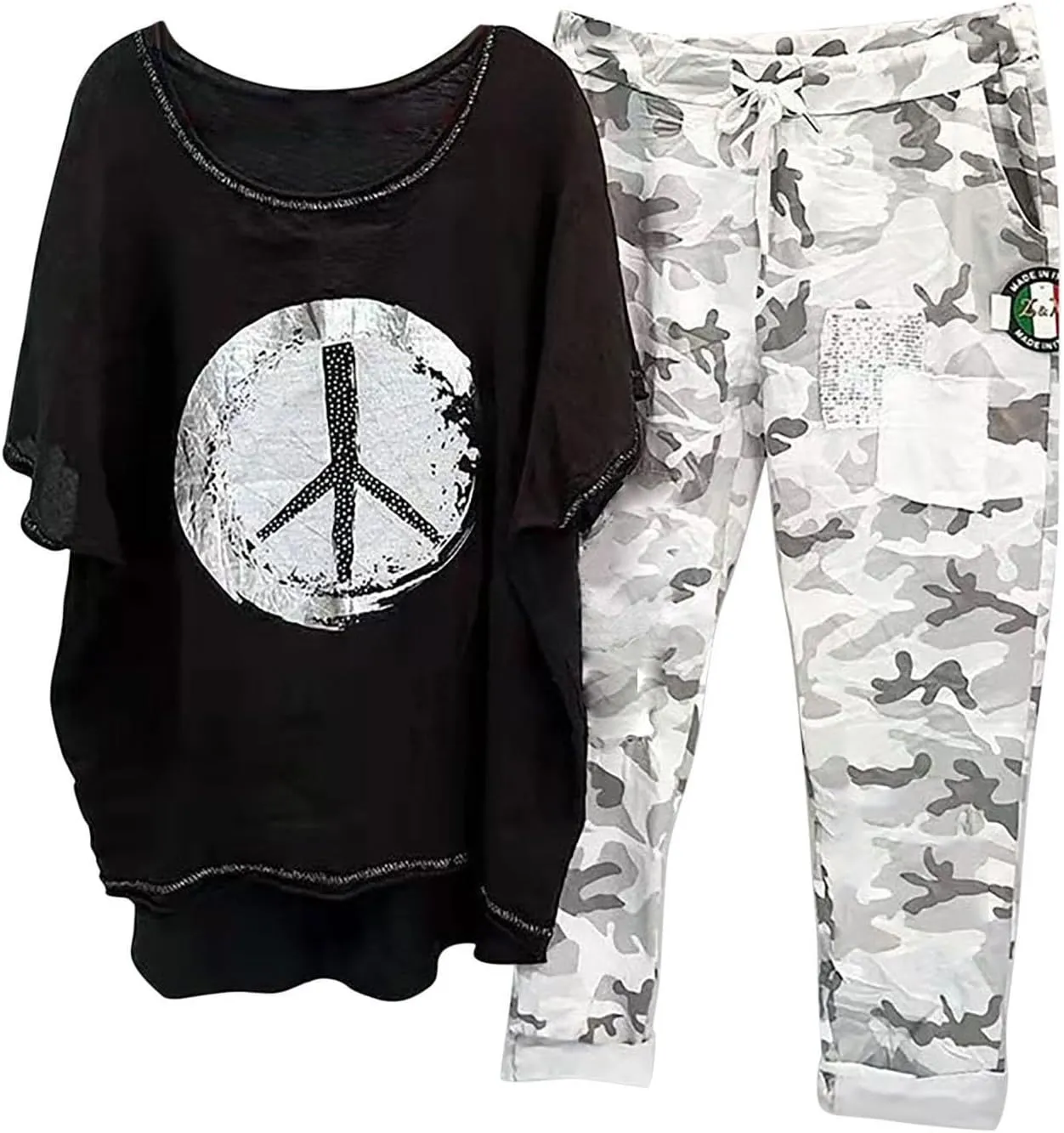2 Piece Linen Set for Women Summer Outfits Plus Size Short Sleeve Graphic Tees Camo Pants Lounge Matching Sets