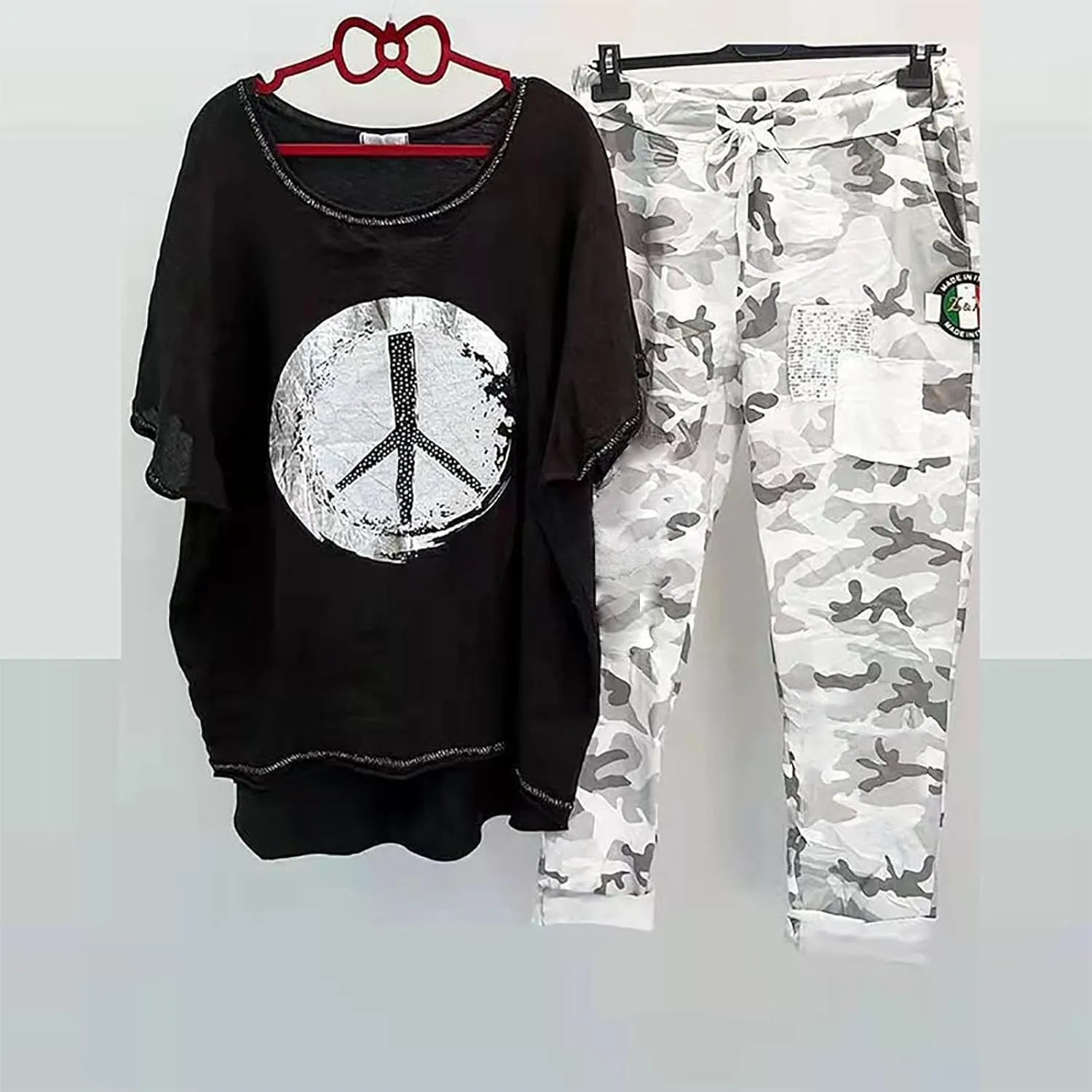2 Piece Linen Set for Women Summer Outfits Plus Size Short Sleeve Graphic Tees Camo Pants Lounge Matching Sets