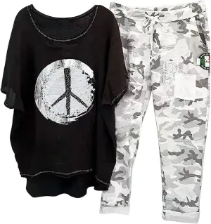 2 Piece Linen Set for Women Summer Outfits Plus Size Short Sleeve Graphic Tees Camo Pants Lounge Matching Sets