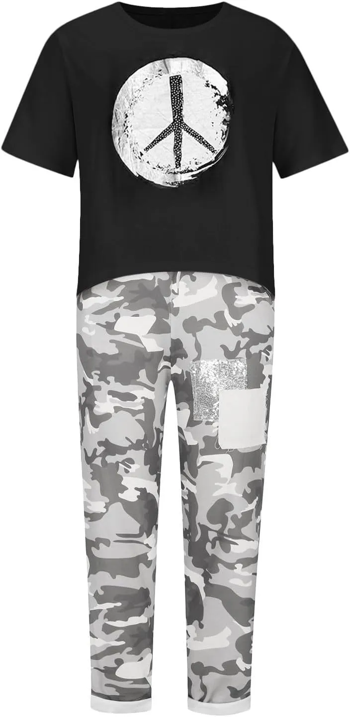2 Piece Linen Set for Women Summer Outfits Plus Size Short Sleeve Graphic Tees Camo Pants Lounge Matching Sets