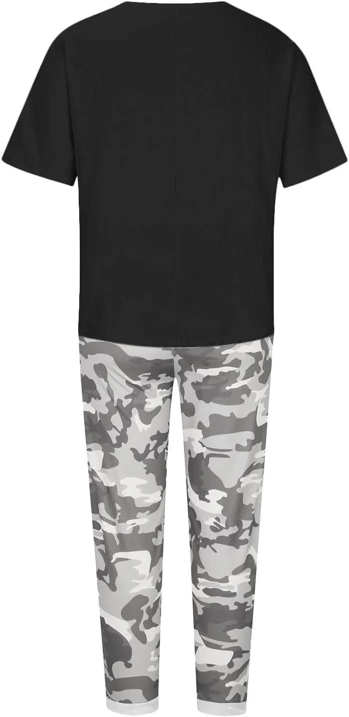 2 Piece Linen Set for Women Summer Outfits Plus Size Short Sleeve Graphic Tees Camo Pants Lounge Matching Sets