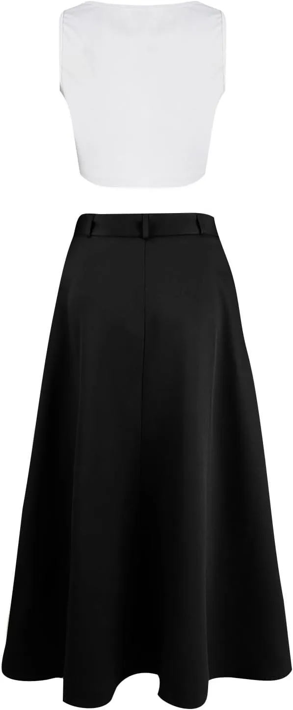 2 Piece Skirt Sets For Women Trendy Solid High Slit Skirt And Crop Tank Top Summer Outfits High Waist Maxi Skirt Sets