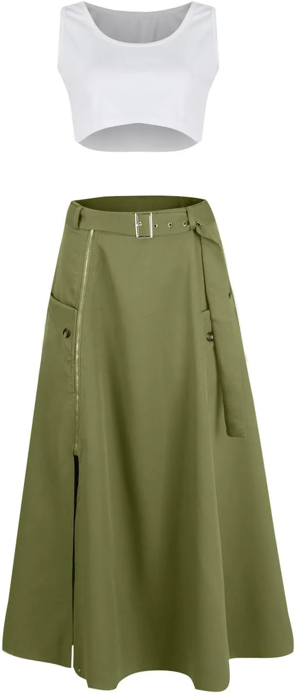 2 Piece Skirt Sets For Women Trendy Solid High Slit Skirt And Crop Tank Top Summer Outfits High Waist Maxi Skirt Sets