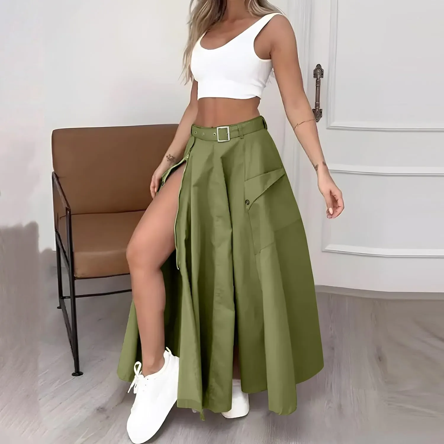 2 Piece Skirt Sets For Women Trendy Solid High Slit Skirt And Crop Tank Top Summer Outfits High Waist Maxi Skirt Sets