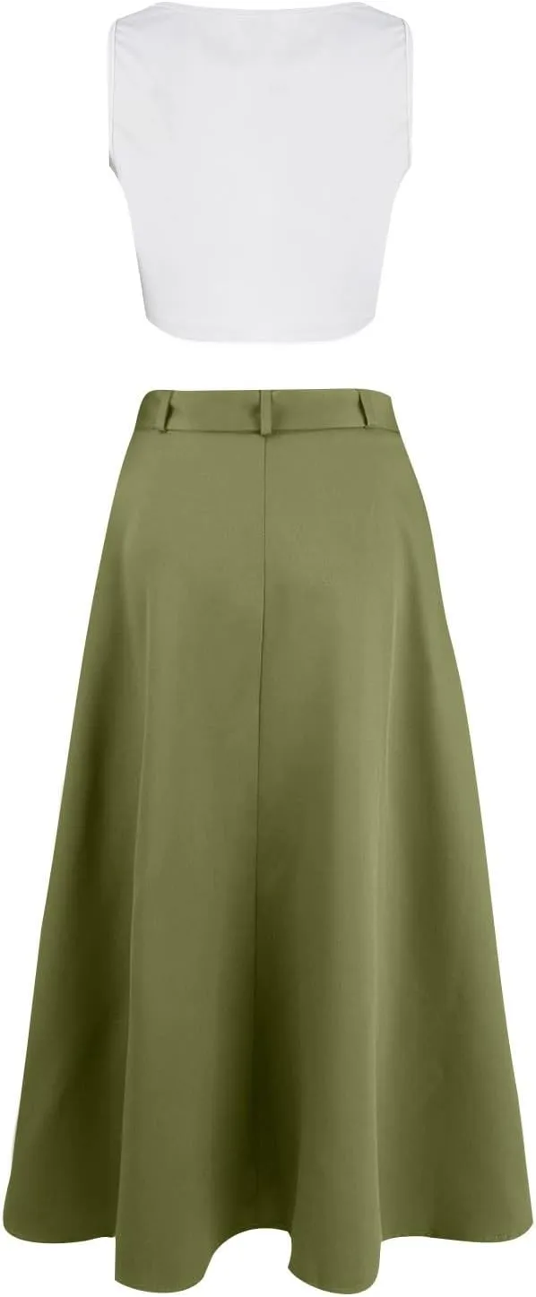 2 Piece Skirt Sets For Women Trendy Solid High Slit Skirt And Crop Tank Top Summer Outfits High Waist Maxi Skirt Sets