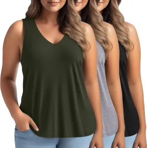 3 Pack Women's Plus Size V Neck Tank Tops Sleeveless Loose Fit Summer Tees Casual Trendy Basic T-Shirts Flat Hem