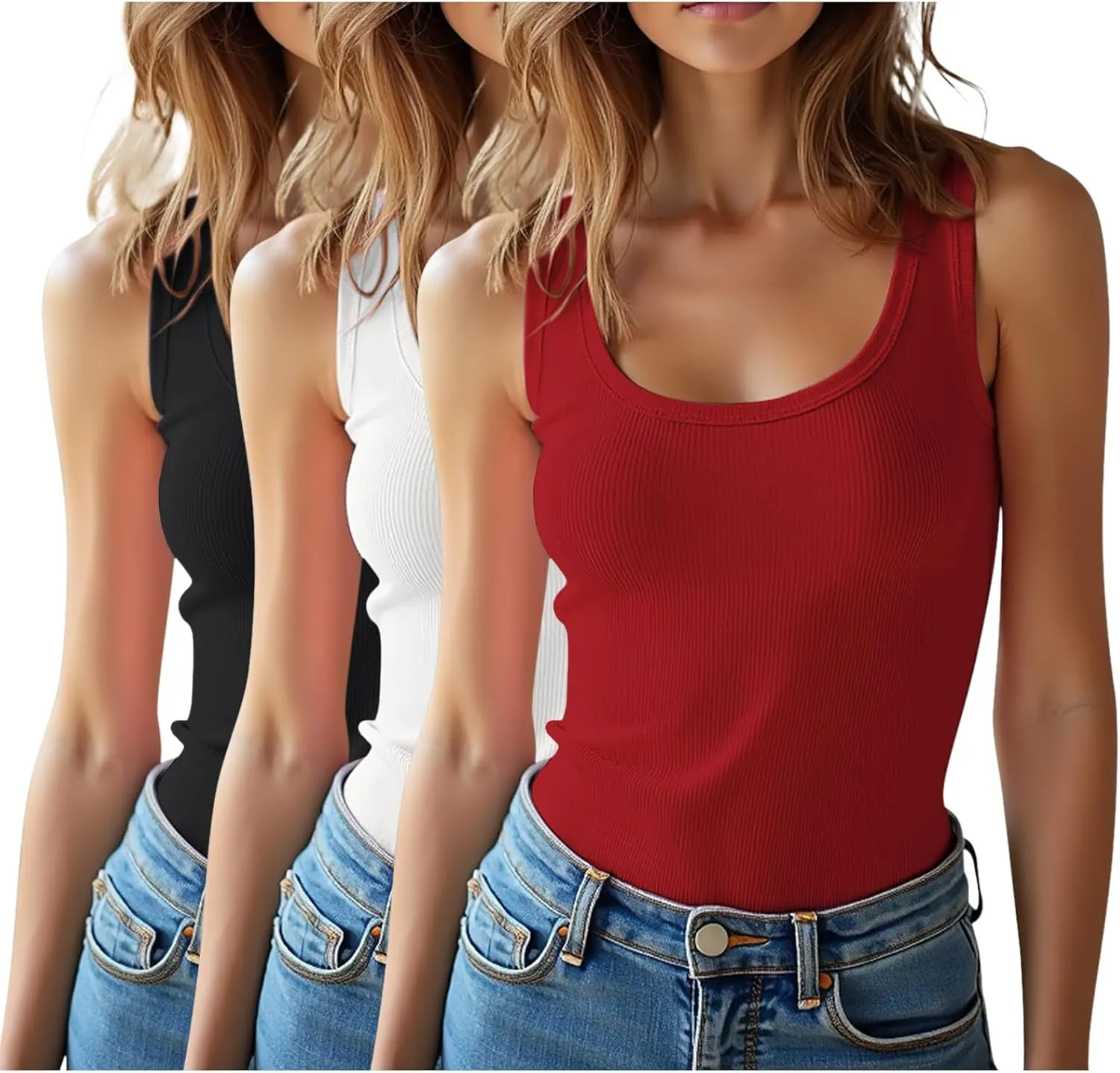 3 Pieces Womens Sleeveless Ribbed Tank Tops Summer Casual Basic Slim Fit Racerback Top Shirts
