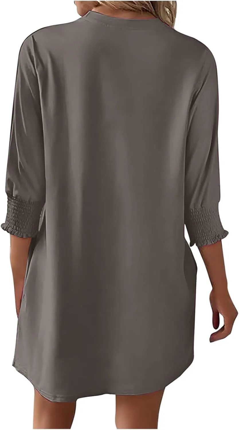 3/4 Sleeve Womens Dresses Summer Spring Quarter Sleeve Crew Neck Mini Dress Loose Fit Beach Coverups Comfy Tshirt Dress