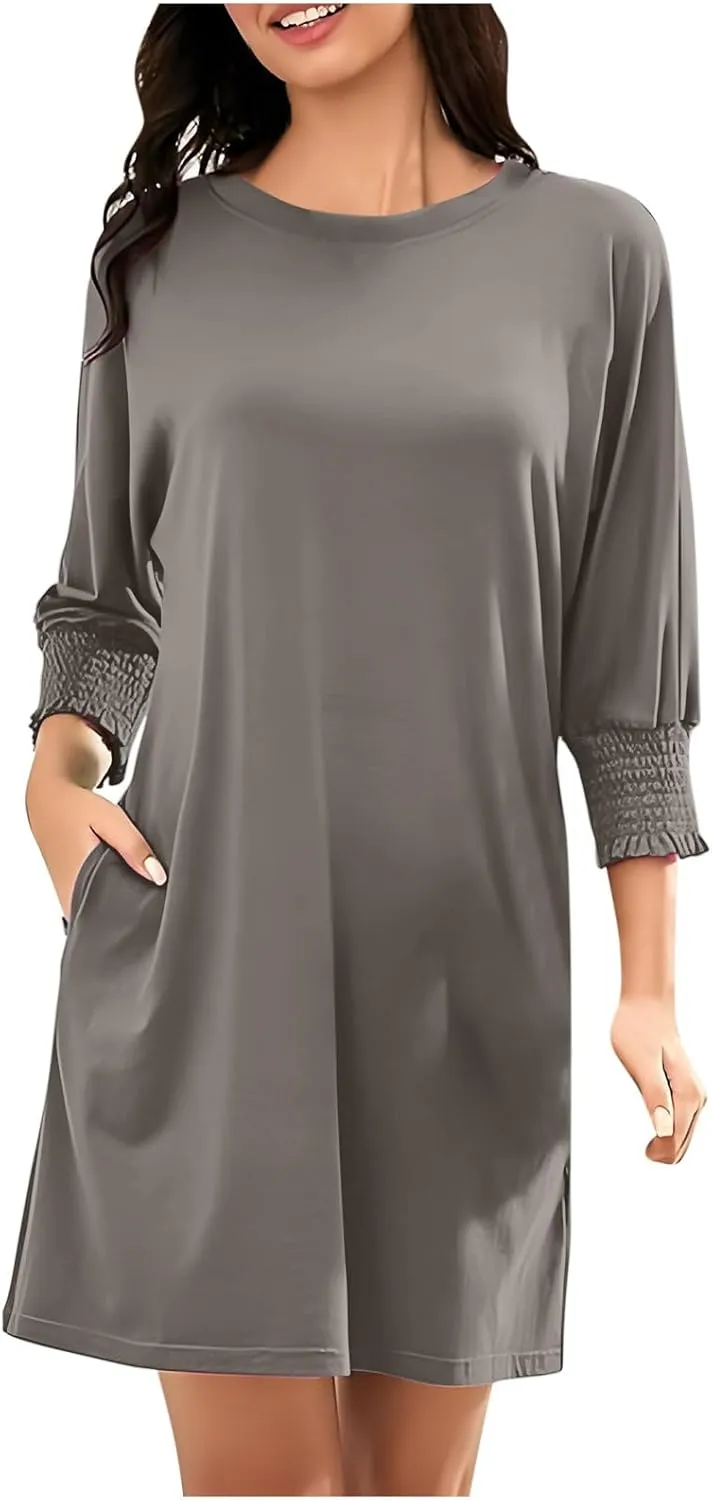 3/4 Sleeve Womens Dresses Summer Spring Quarter Sleeve Crew Neck Mini Dress Loose Fit Beach Coverups Comfy Tshirt Dress