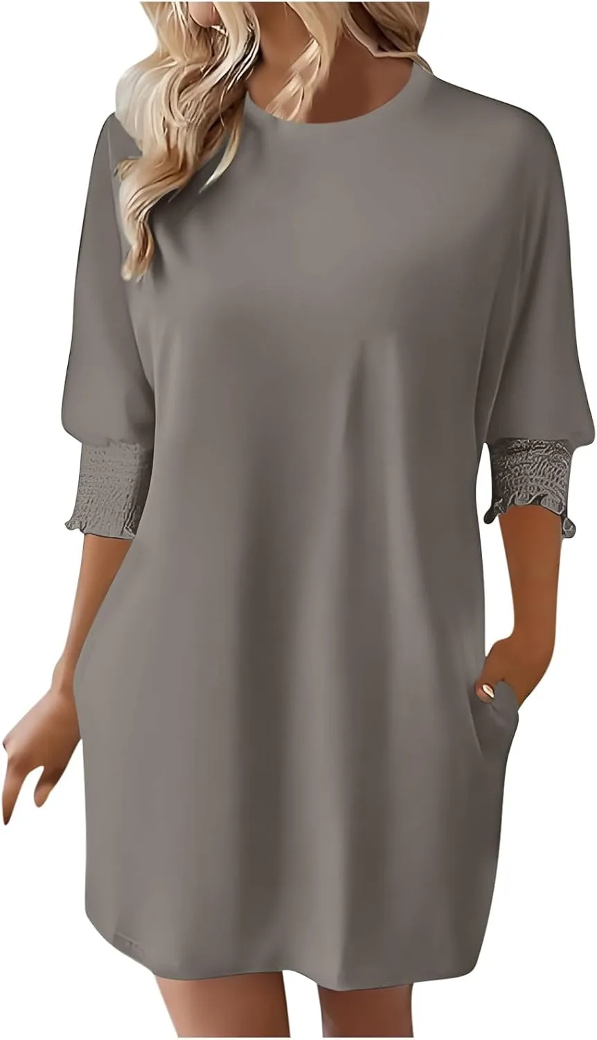 3/4 Sleeve Womens Dresses Summer Spring Quarter Sleeve Crew Neck Mini Dress Loose Fit Beach Coverups Comfy Tshirt Dress