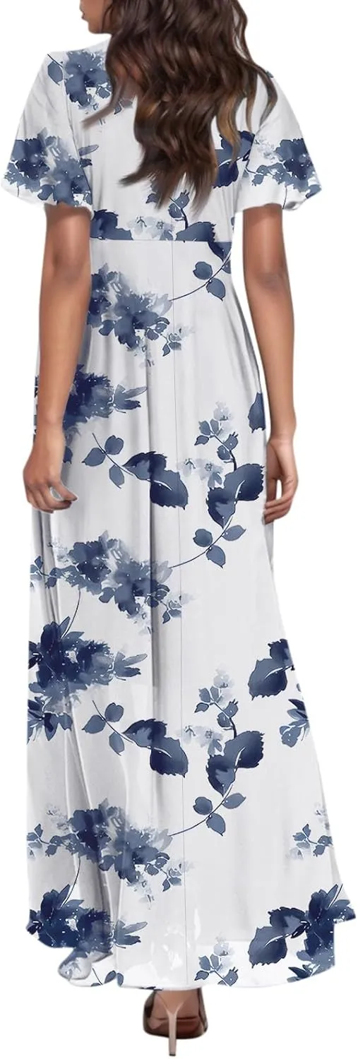 A Line Dresses for Women 2025 Floral Chiffon Long Summer Dresses Ruffle Short Sleeve Beach Dress for Wedding Guest