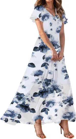 A Line Dresses for Women 2025 Floral Chiffon Long Summer Dresses Ruffle Short Sleeve Beach Dress for Wedding Guest