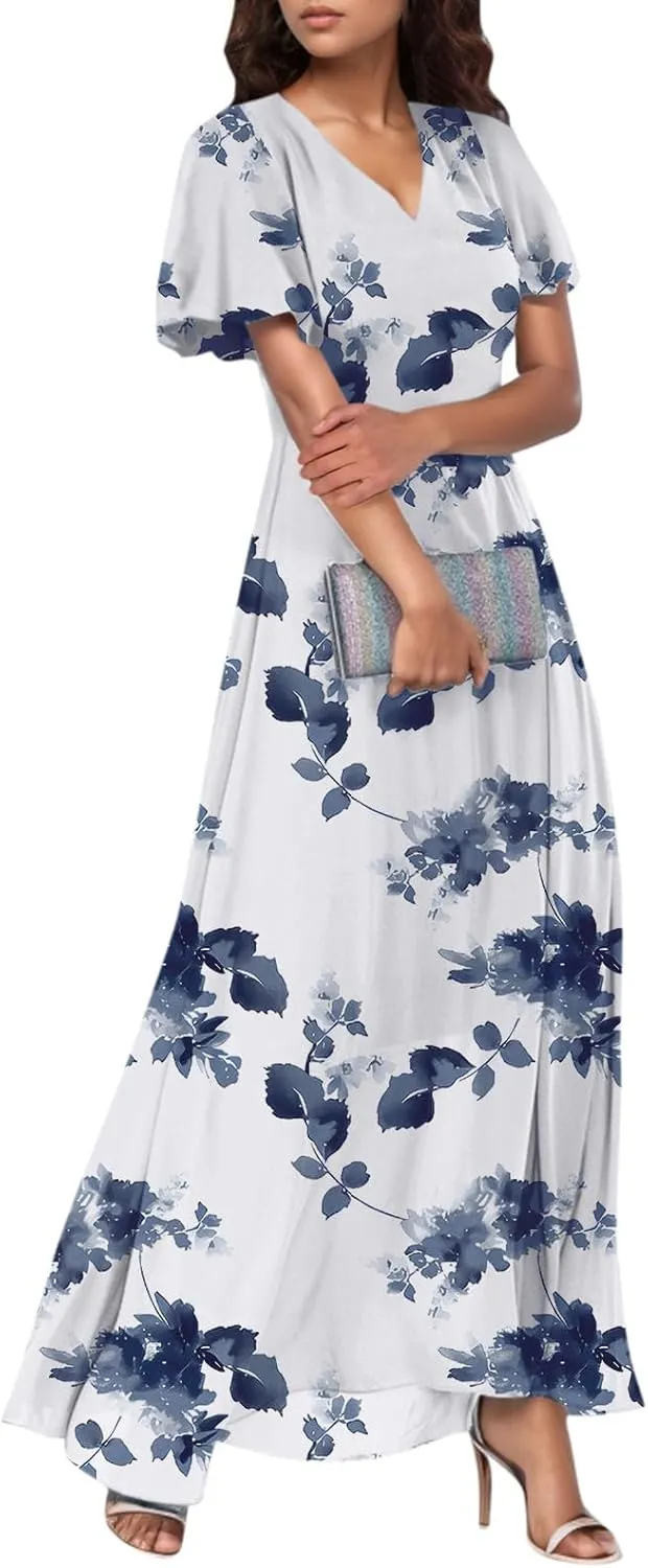 A Line Dresses for Women 2025 Floral Chiffon Long Summer Dresses Ruffle Short Sleeve Beach Dress for Wedding Guest