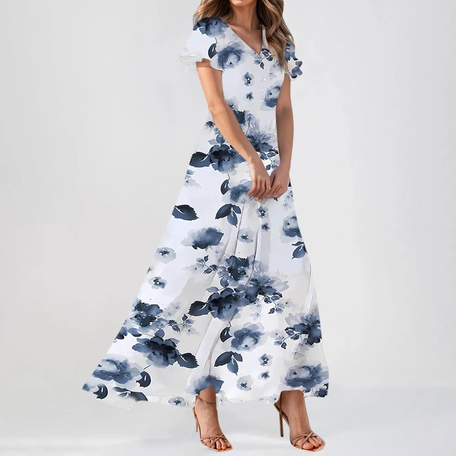 A Line Dresses for Women 2025 Floral Chiffon Long Summer Dresses Ruffle Short Sleeve Beach Dress for Wedding Guest