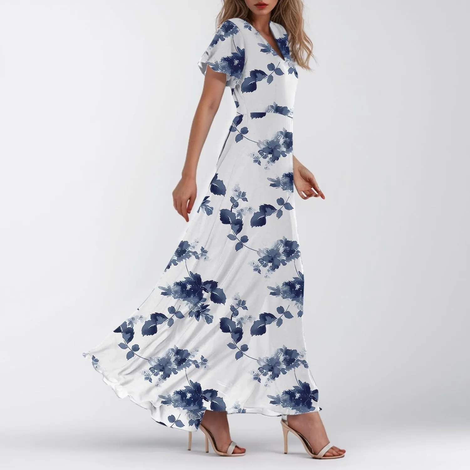 A Line Dresses for Women 2025 Floral Chiffon Long Summer Dresses Ruffle Short Sleeve Beach Dress for Wedding Guest