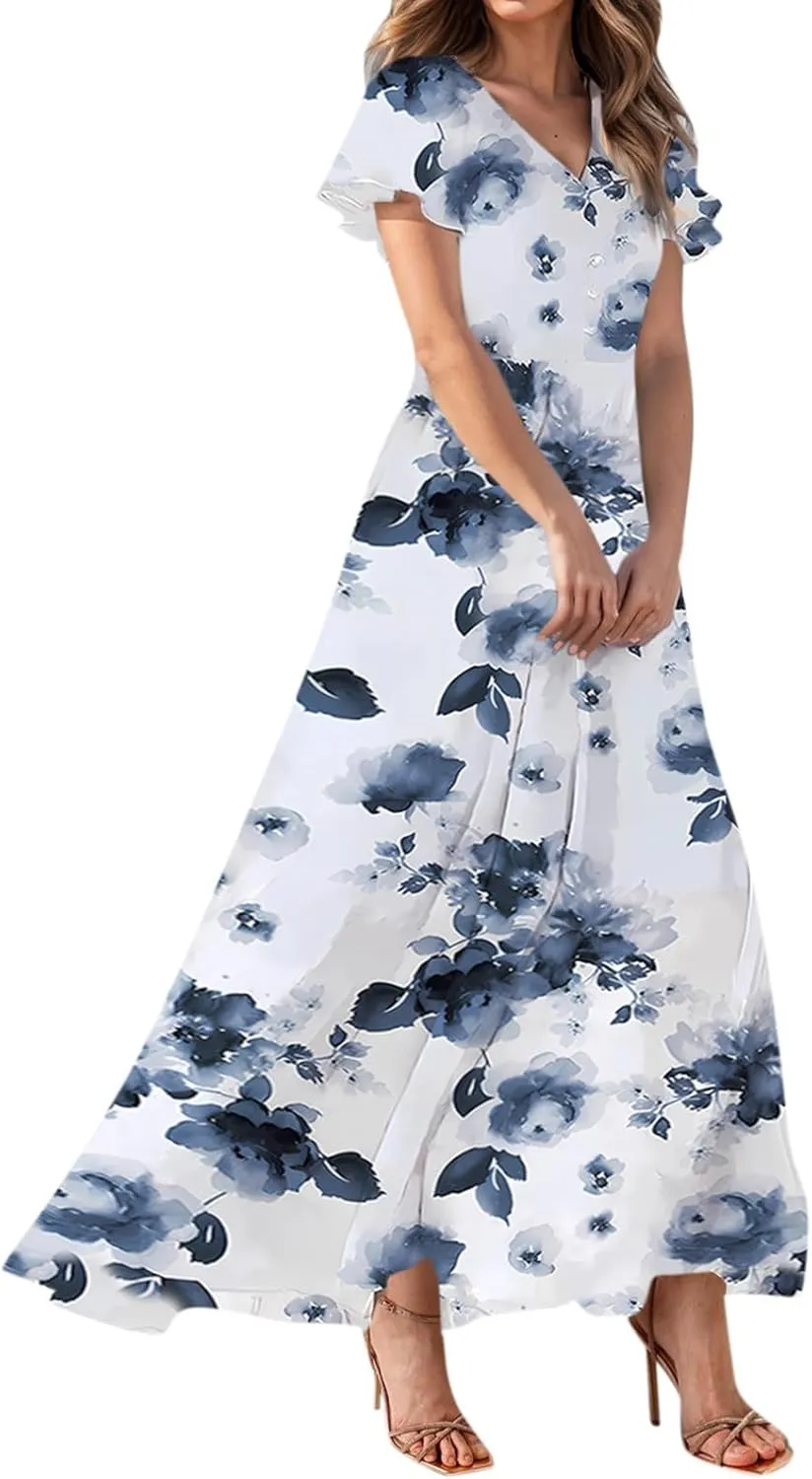 A Line Dresses for Women 2025 Floral Chiffon Long Summer Dresses Ruffle Short Sleeve Beach Dress for Wedding Guest
