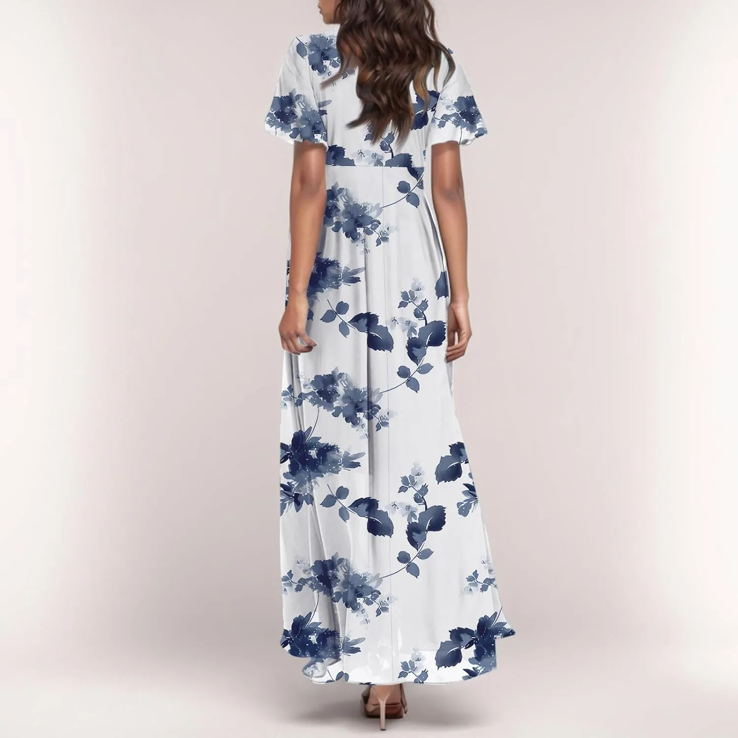 A Line Dresses for Women 2025 Floral Chiffon Long Summer Dresses Ruffle Short Sleeve Beach Dress for Wedding Guest