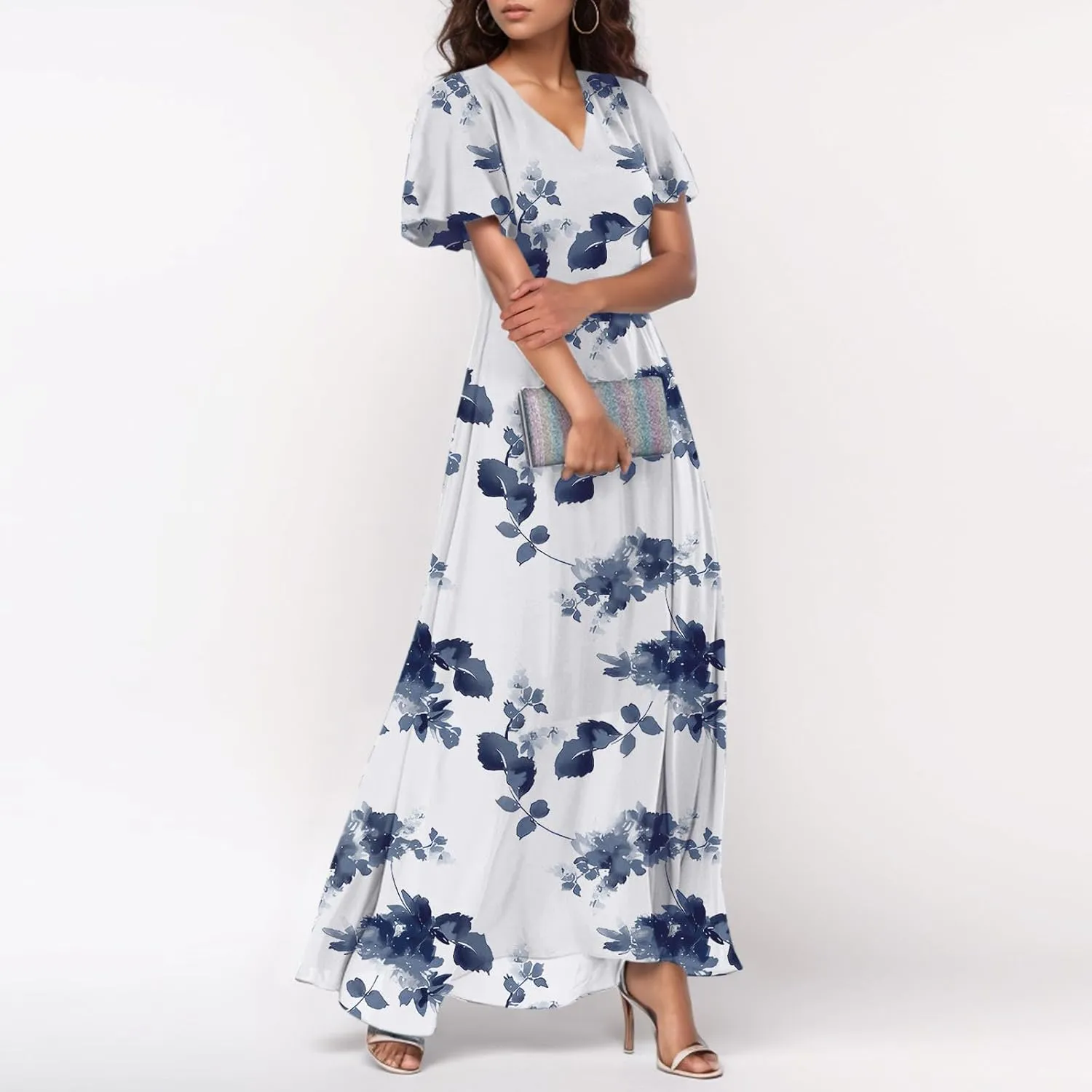 A Line Dresses for Women 2025 Floral Chiffon Long Summer Dresses Ruffle Short Sleeve Beach Dress for Wedding Guest