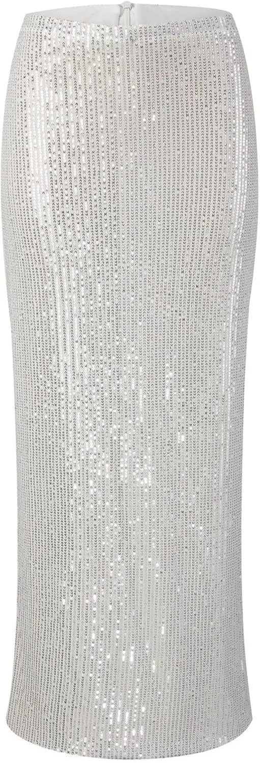 A Line Sequin Maxi Skirt Women High Waist Straight Shiny Split Maxi Skirt Female Streetwear Skirt Short Skirts