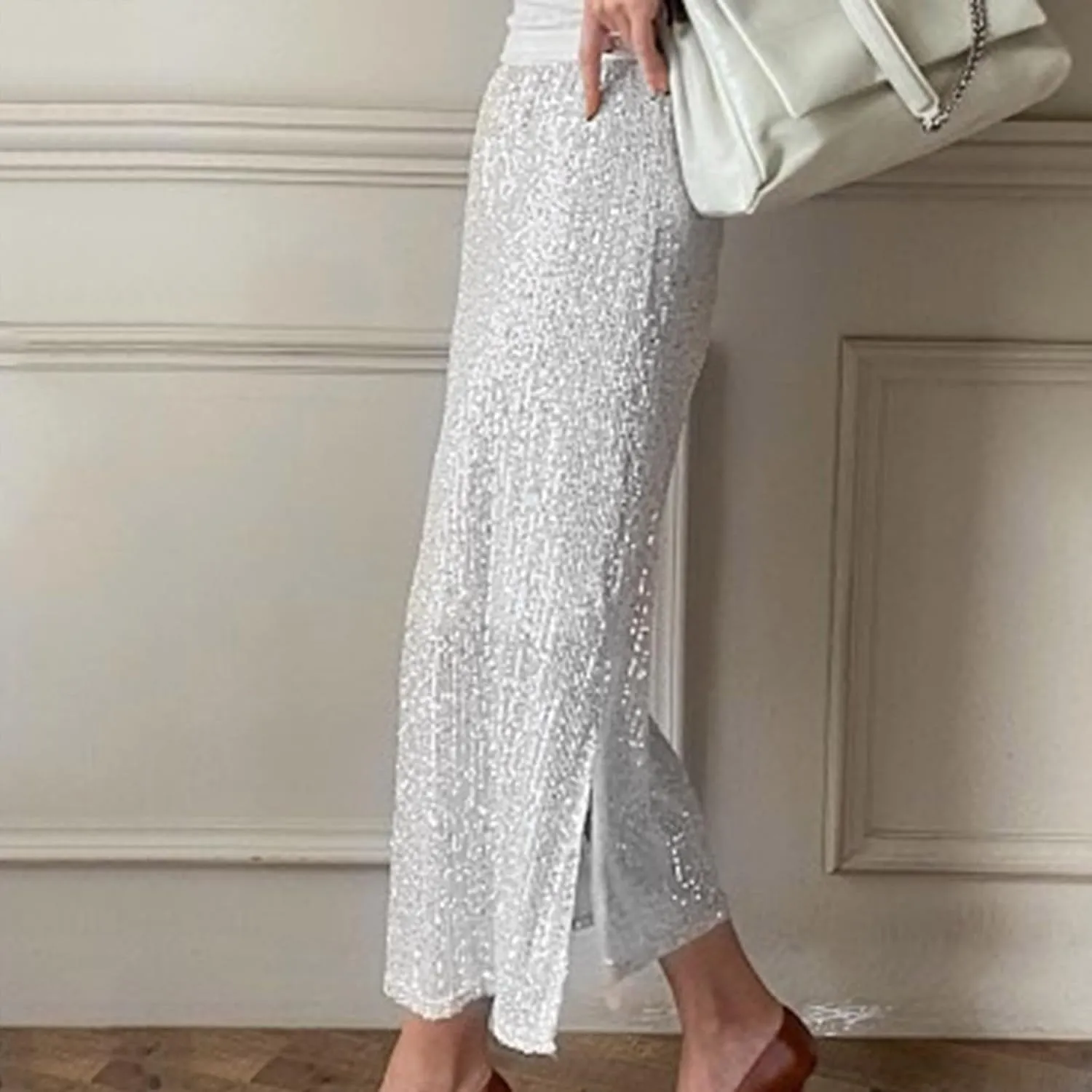 A Line Sequin Maxi Skirt Women High Waist Straight Shiny Split Maxi Skirt Female Streetwear Skirt Short Skirts
