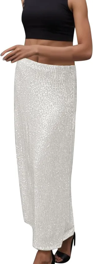 A Line Sequin Maxi Skirt Women High Waist Straight Shiny Split Maxi Skirt Female Streetwear Skirt Short Skirts