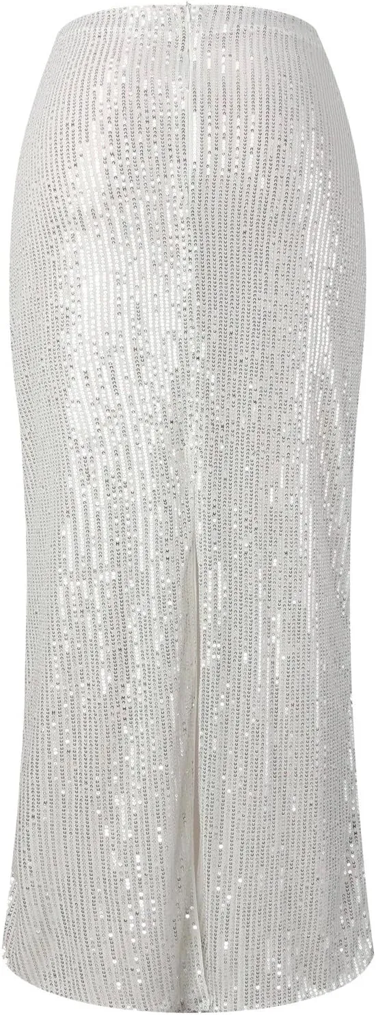 A Line Sequin Maxi Skirt Women High Waist Straight Shiny Split Maxi Skirt Female Streetwear Skirt Short Skirts
