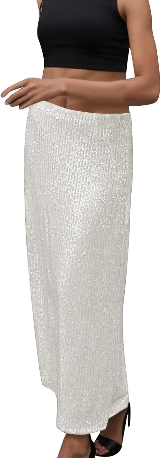 A Line Sequin Maxi Skirt Women High Waist Straight Shiny Split Maxi Skirt Female Streetwear Skirt Short Skirts