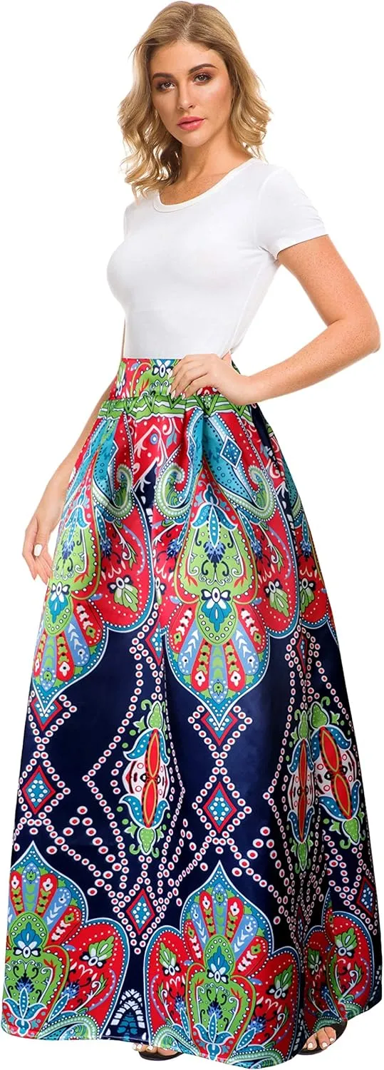 Afibi Women African Printed Maxi Skirt Flared Skirt A Line Long Skirts with Pockets S-5XL