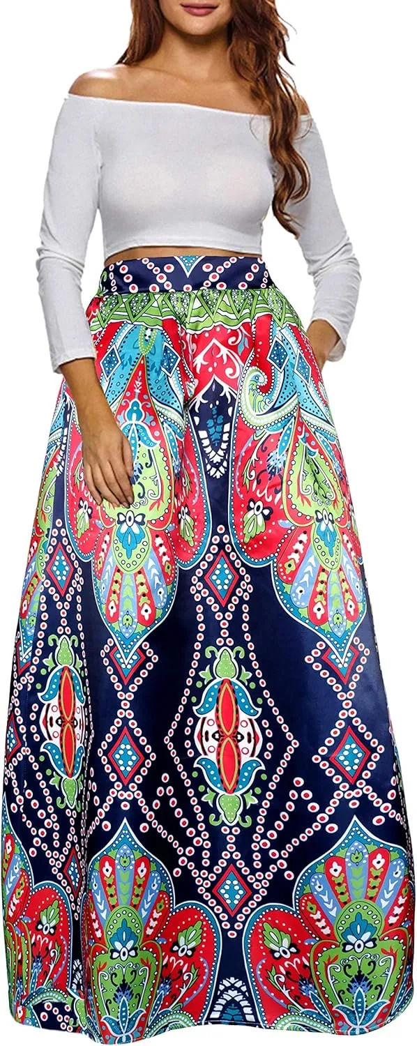 Afibi Women African Printed Maxi Skirt Flared Skirt A Line Long Skirts with Pockets S-5XL