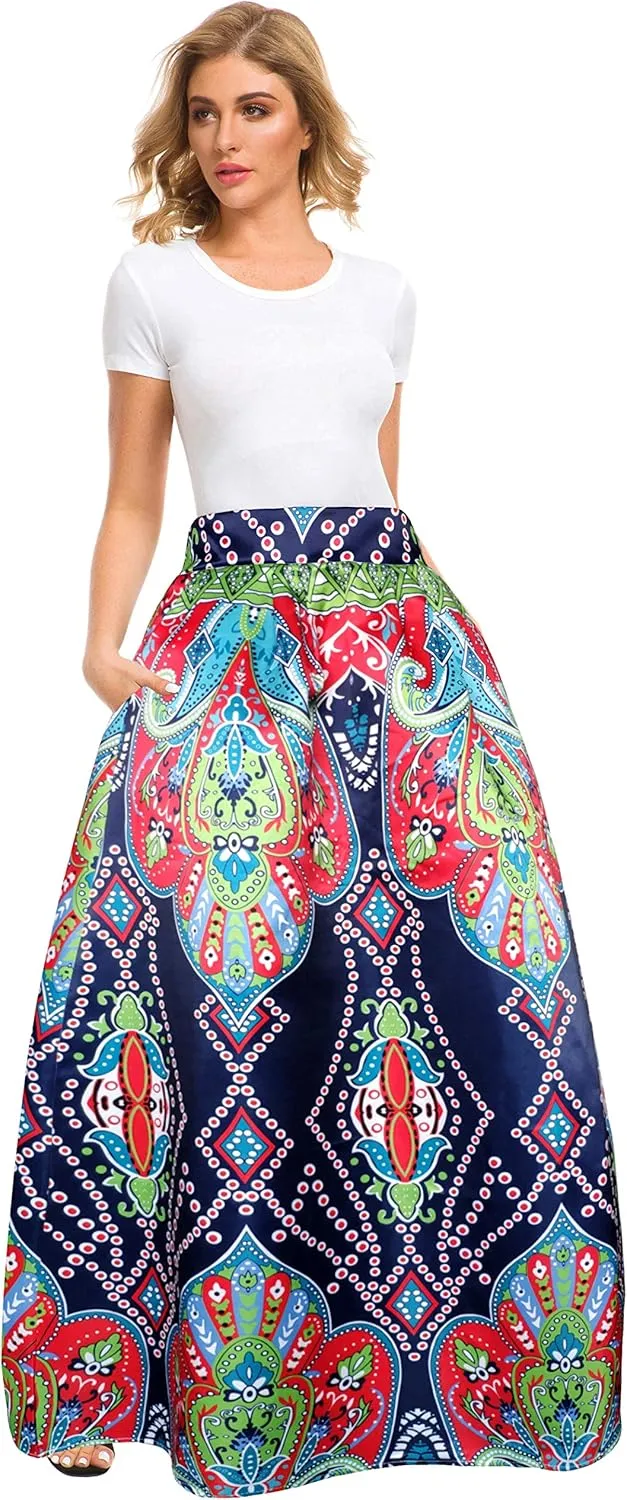 Afibi Women African Printed Maxi Skirt Flared Skirt A Line Long Skirts with Pockets S-5XL