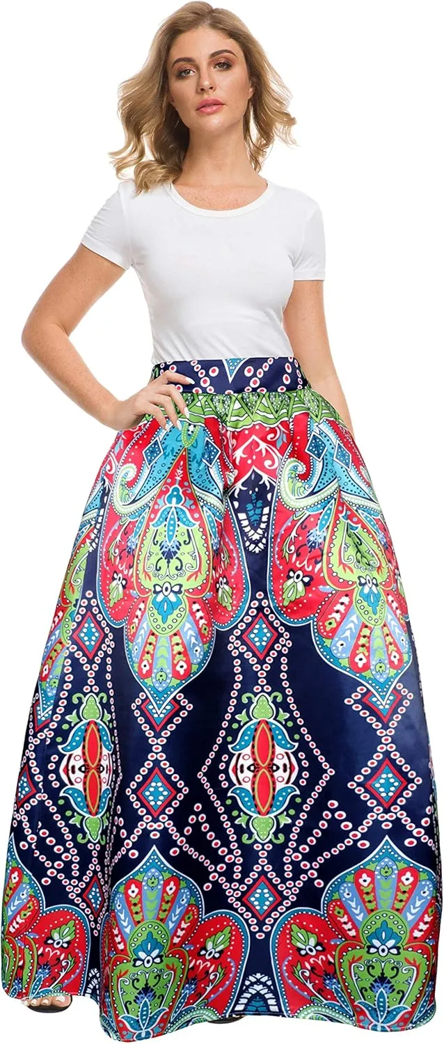 Afibi Women African Printed Maxi Skirt Flared Skirt A Line Long Skirts with Pockets S-5XL