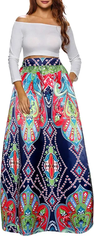 Afibi Women African Printed Maxi Skirt Flared Skirt A Line Long Skirts with Pockets S-5XL