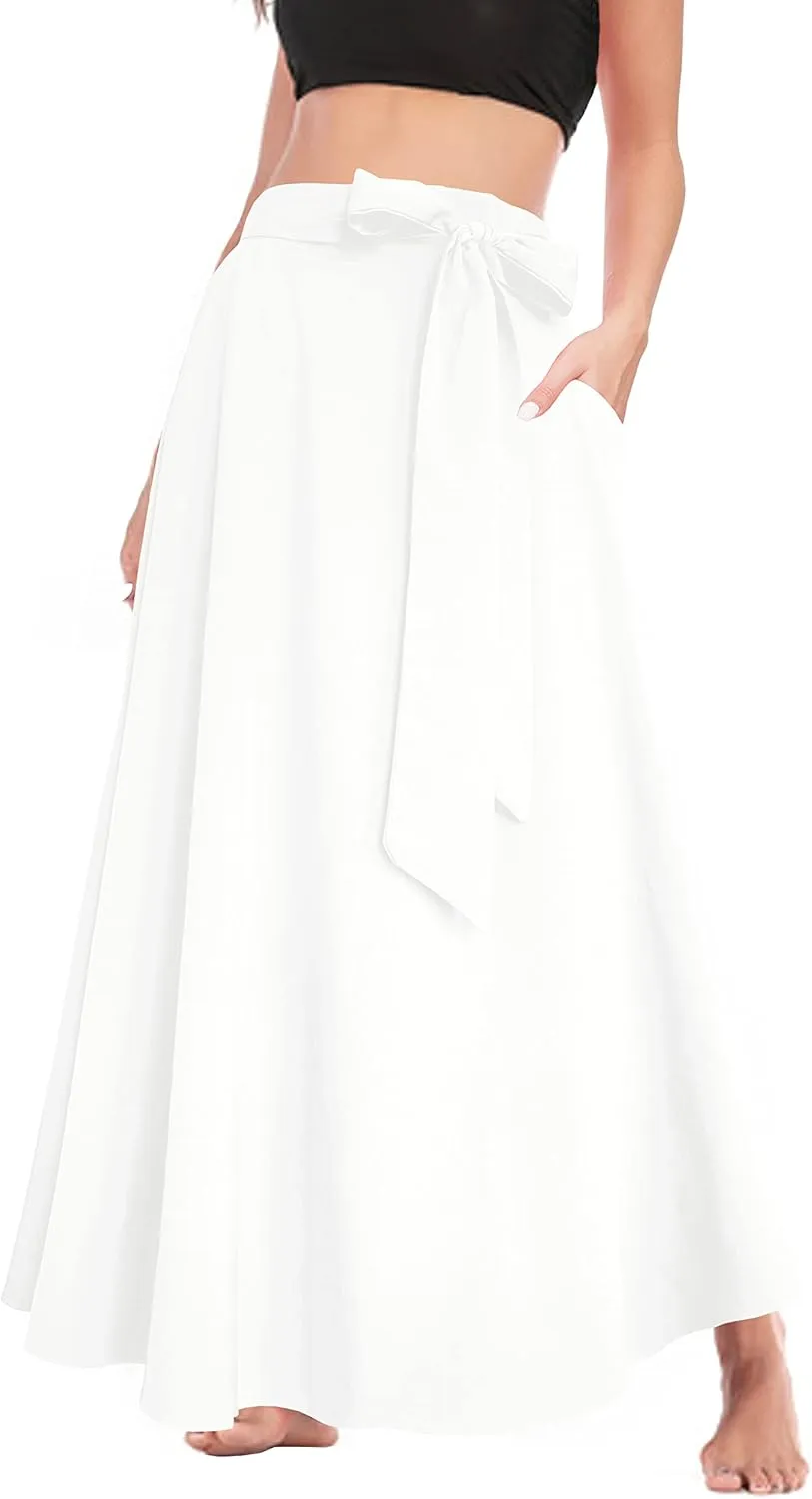Afibi Women's High Waist Skirt Tie Front A-Line Flowy Long Maxi Skirts with Pockets