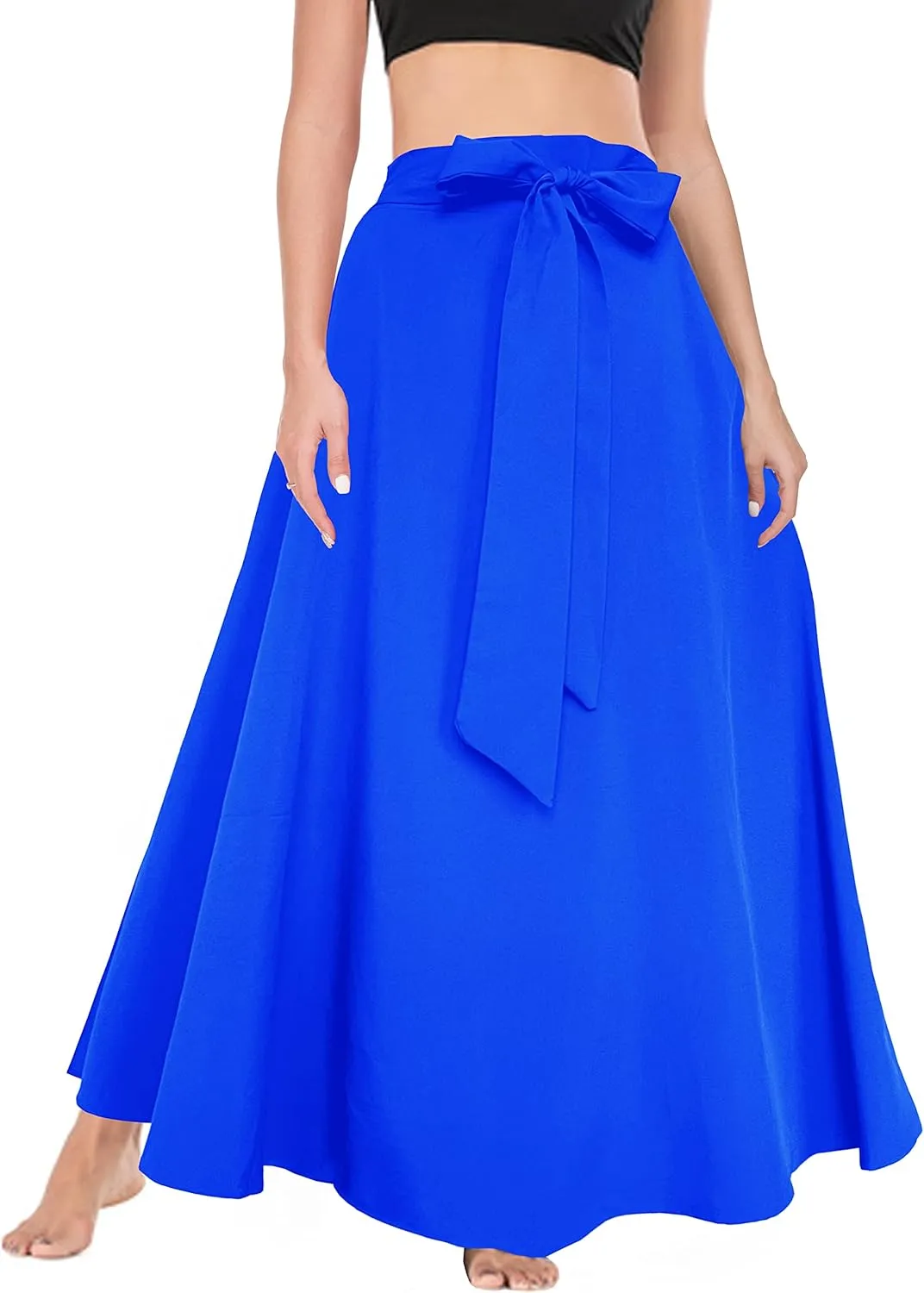 Afibi Women's High Waist Skirt Tie Front A-Line Flowy Long Maxi Skirts with Pockets