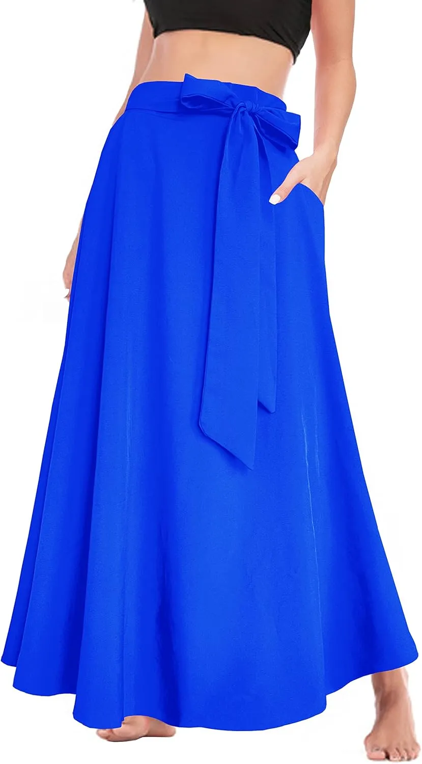 Afibi Women's High Waist Skirt Tie Front A-Line Flowy Long Maxi Skirts with Pockets