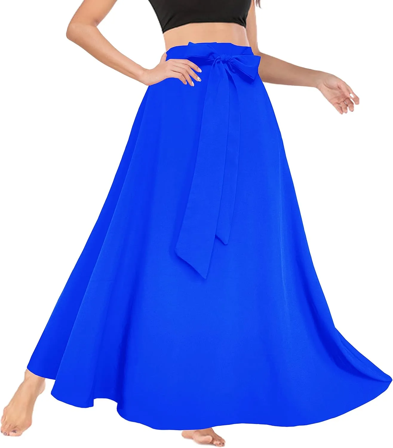 Afibi Women's High Waist Skirt Tie Front A-Line Flowy Long Maxi Skirts with Pockets
