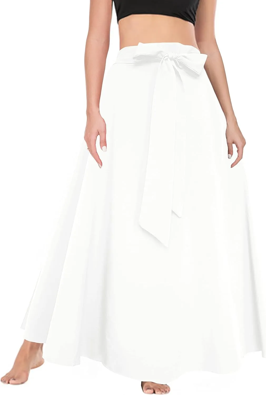 Afibi Women's High Waist Skirt Tie Front A-Line Flowy Long Maxi Skirts with Pockets
