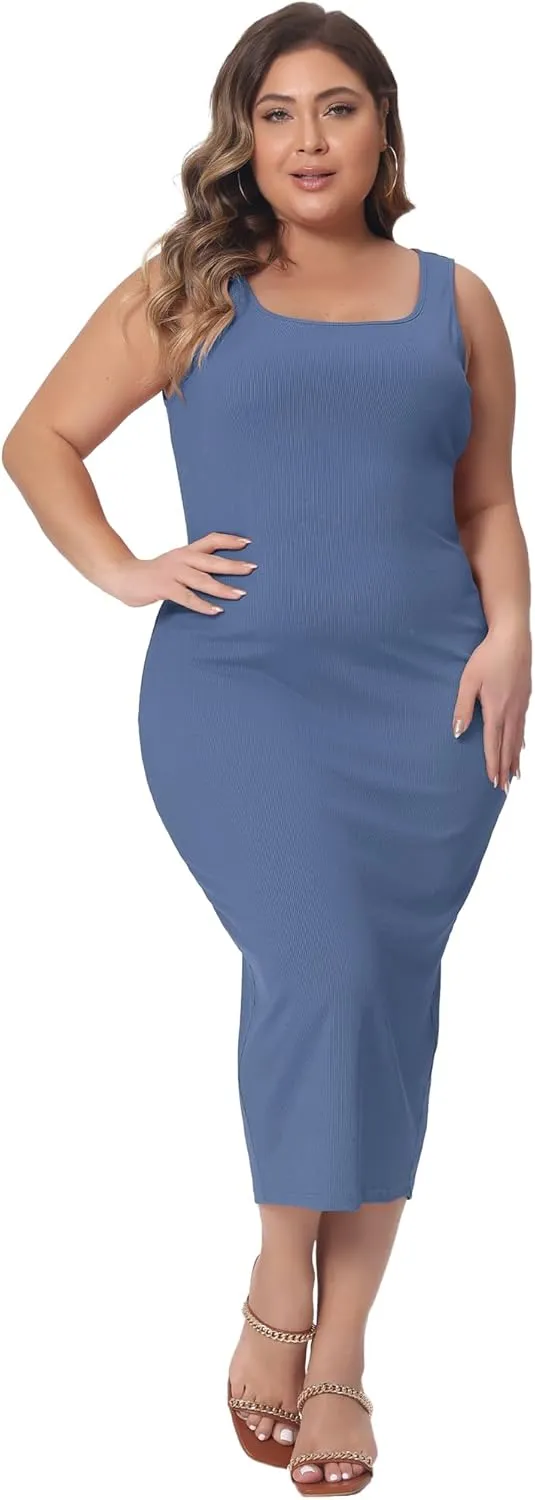 Agnes Orinda Plus Size Dress for Women Sleeveless Square Neck Bodycon Sundress Midi Tank Dress