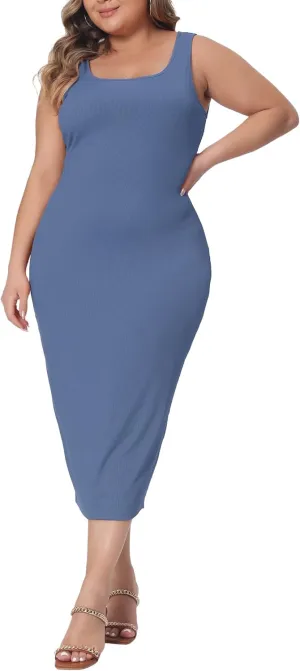 Agnes Orinda Plus Size Dress for Women Sleeveless Square Neck Bodycon Sundress Midi Tank Dress