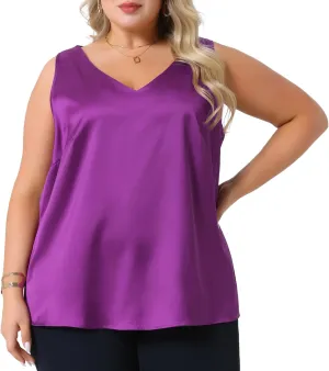 Agnes Orinda Plus Size Silk Satin Tank Tops for Women V Neck Casual Cami Sleeveless Blouses Summer Basic Tank