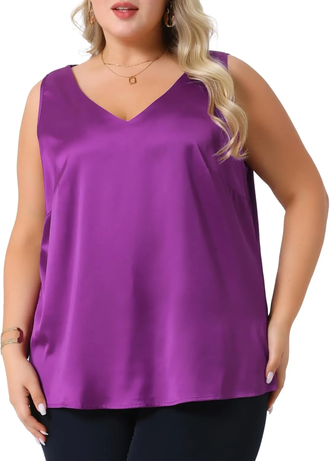 Agnes Orinda Plus Size Silk Satin Tank Tops for Women V Neck Casual Cami Sleeveless Blouses Summer Basic Tank