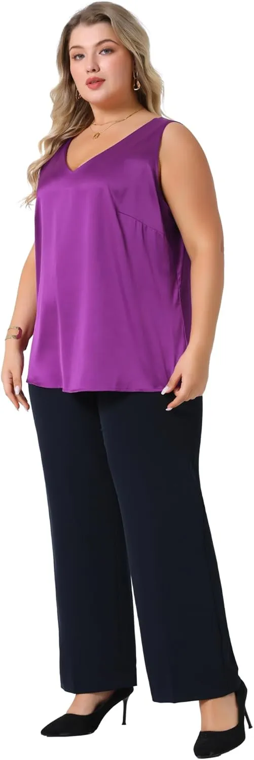 Agnes Orinda Plus Size Silk Satin Tank Tops for Women V Neck Casual Cami Sleeveless Blouses Summer Basic Tank