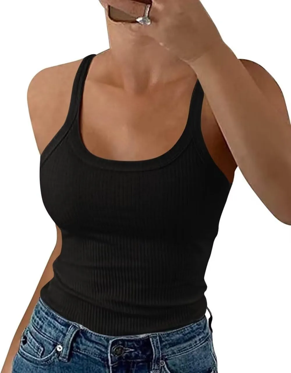 AIMITAG Spaghetti Strap Scoop Neck Ribbed Tank Tops Womens Slim Fitted Cotton Camisole Basic Sleeveless Layering Shirts