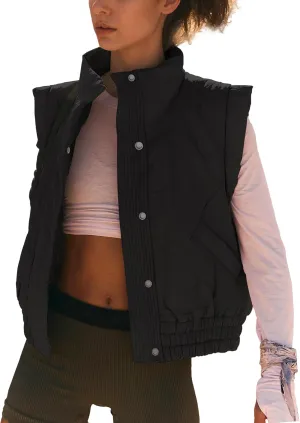 Ainangua Women Cropped Puffer Vest Button Sleeveless Light Jacket Scrunch Stand Collar Essentials Gilet with Pockets