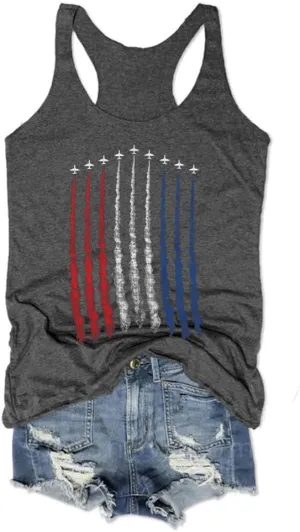 American Flag Tank Tops for Women 4th of July Air Force Flyover Flag Tank Shirts with Eagle Patriotic USA Flag Vest Shirt
