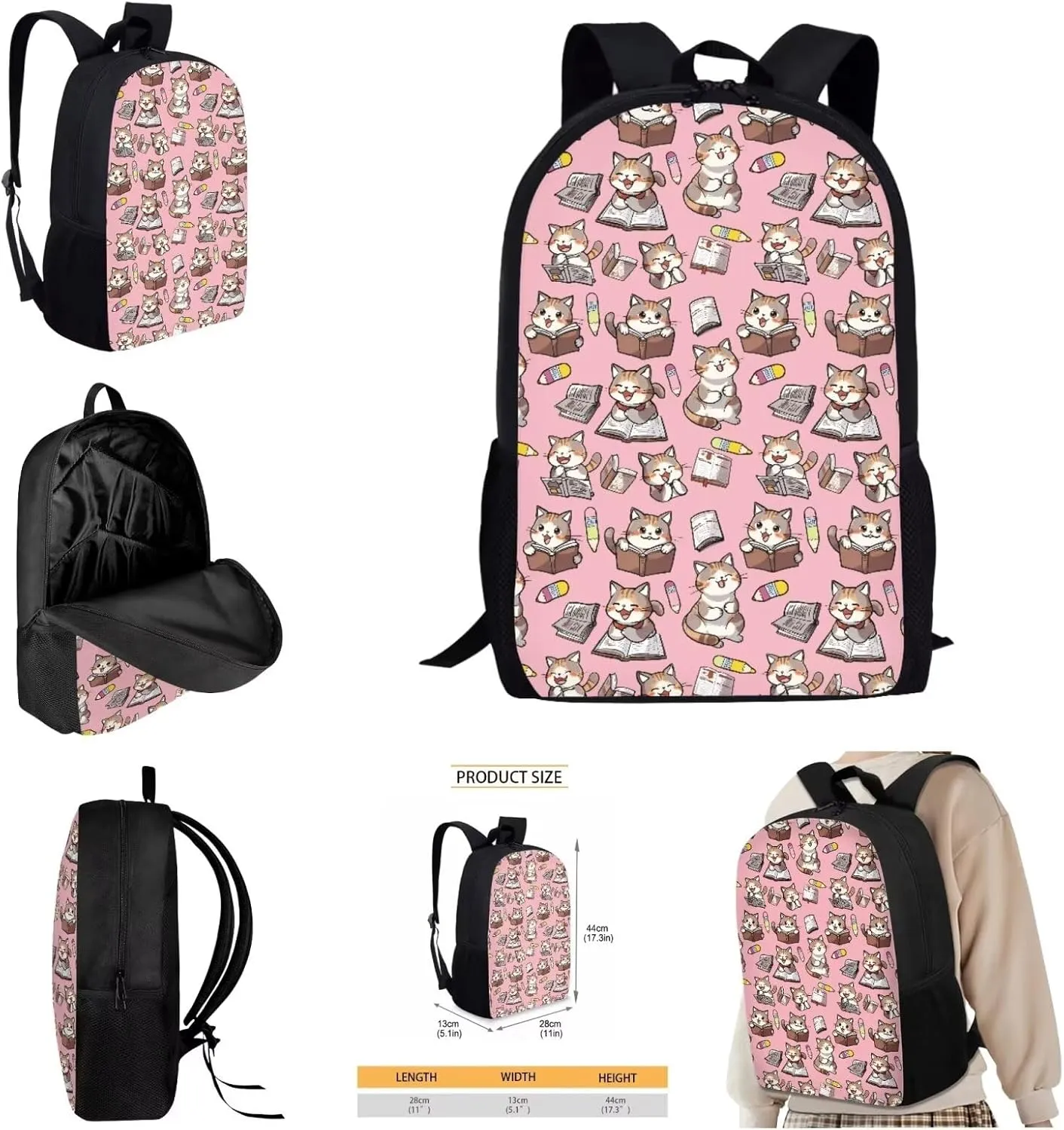 AmzPrint 4 Pieces Cat Backpack Set For Girls Kids Cat Backpack And Lunch Box Set Back To School Supplies Backpack Set Gifts
