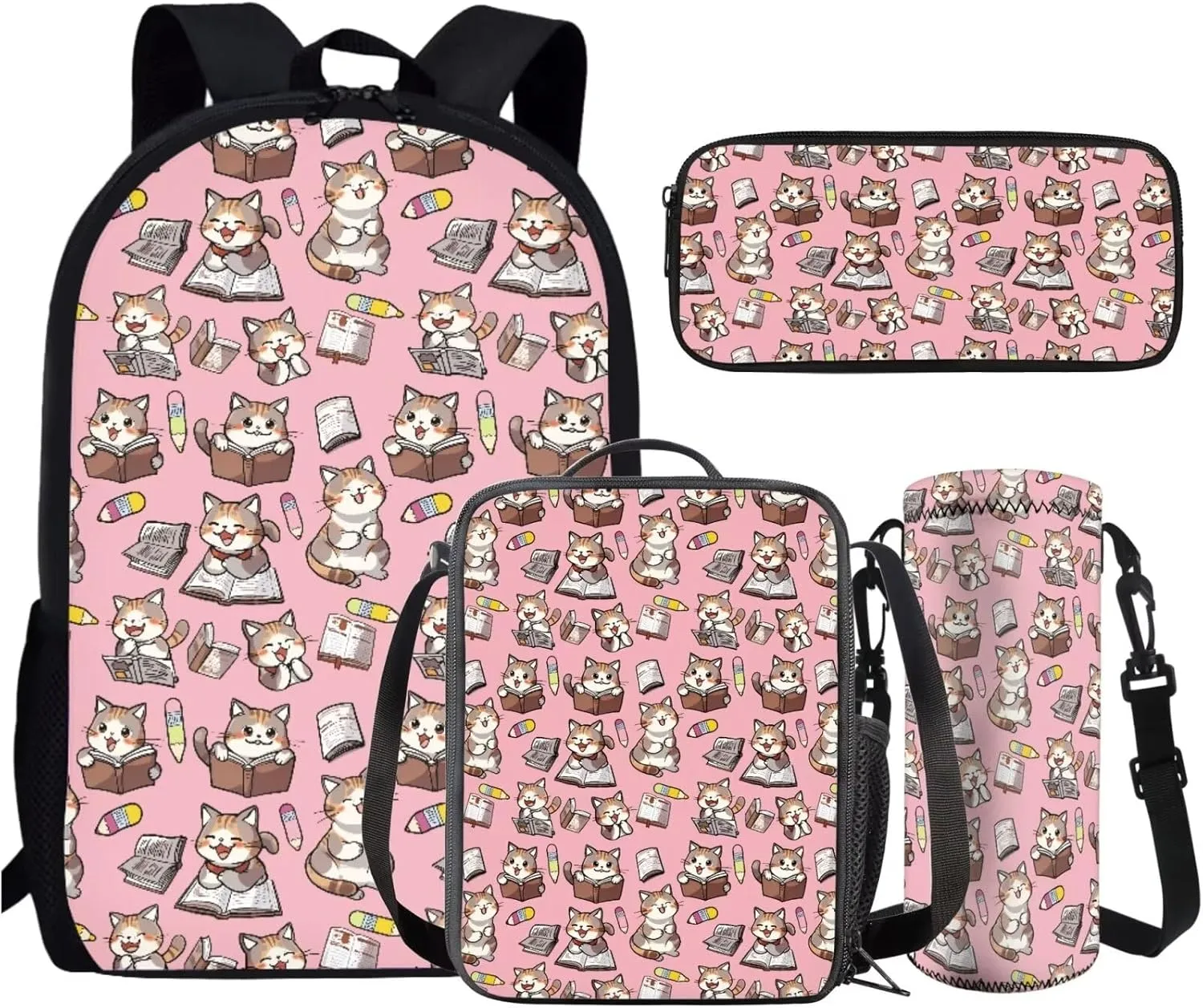 AmzPrint 4 Pieces Cat Backpack Set For Girls Kids Cat Backpack And Lunch Box Set Back To School Supplies Backpack Set Gifts