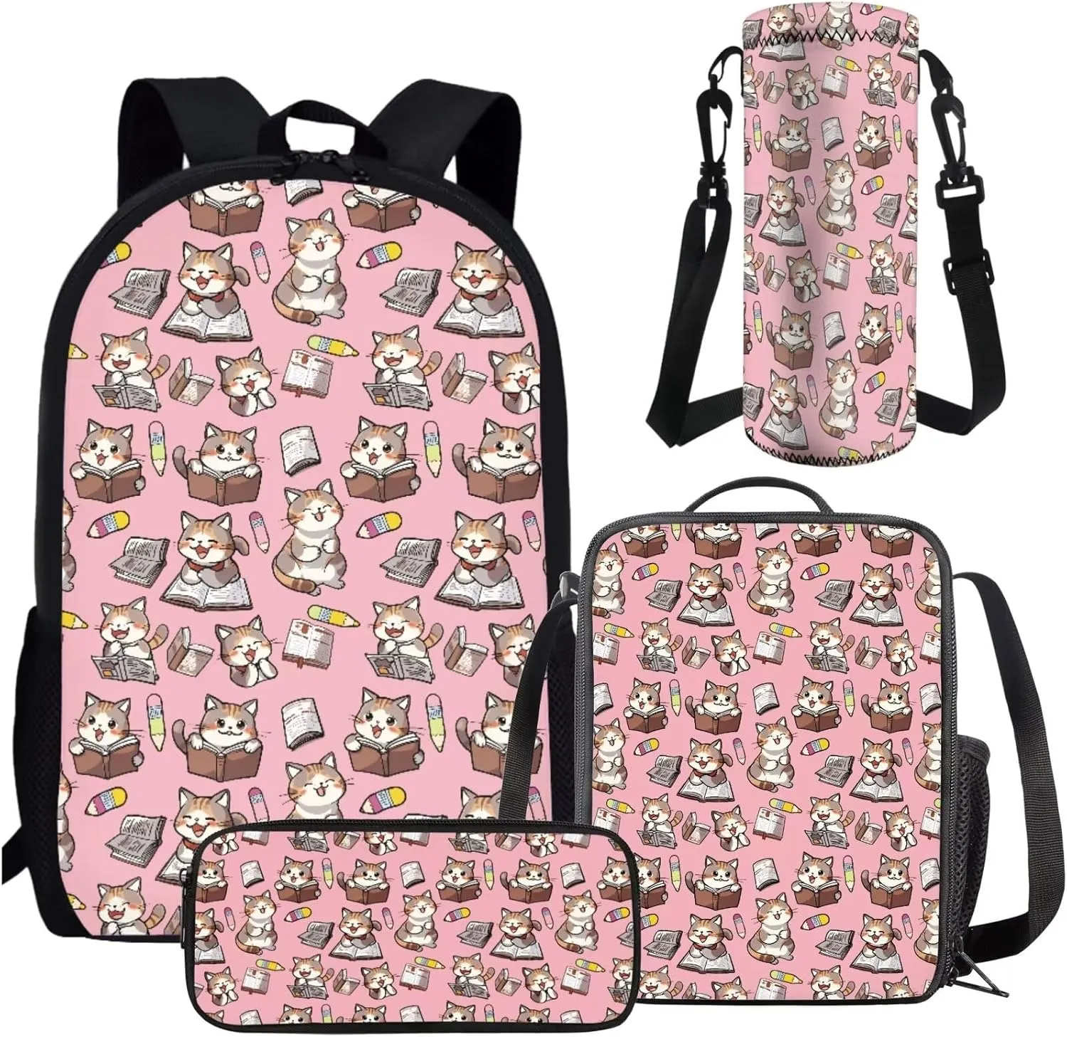 AmzPrint 4 Pieces Cat Backpack Set For Girls Kids Cat Backpack And Lunch Box Set Back To School Supplies Backpack Set Gifts